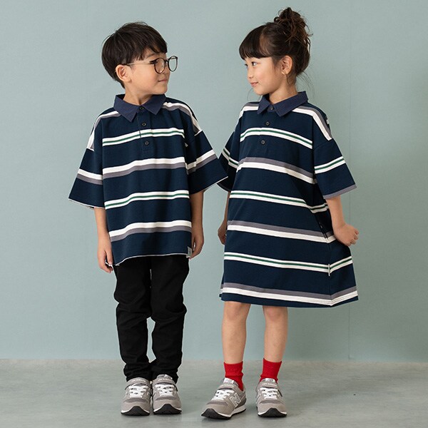 Kiddielove 日本代购 童装 petitmain纯棉条纹翻领polo短袖连衣裙