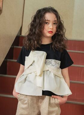 Kiddielove 日本代购 童装 OuEdwin 纯棉蕾丝绸缎拼接个性短袖T恤