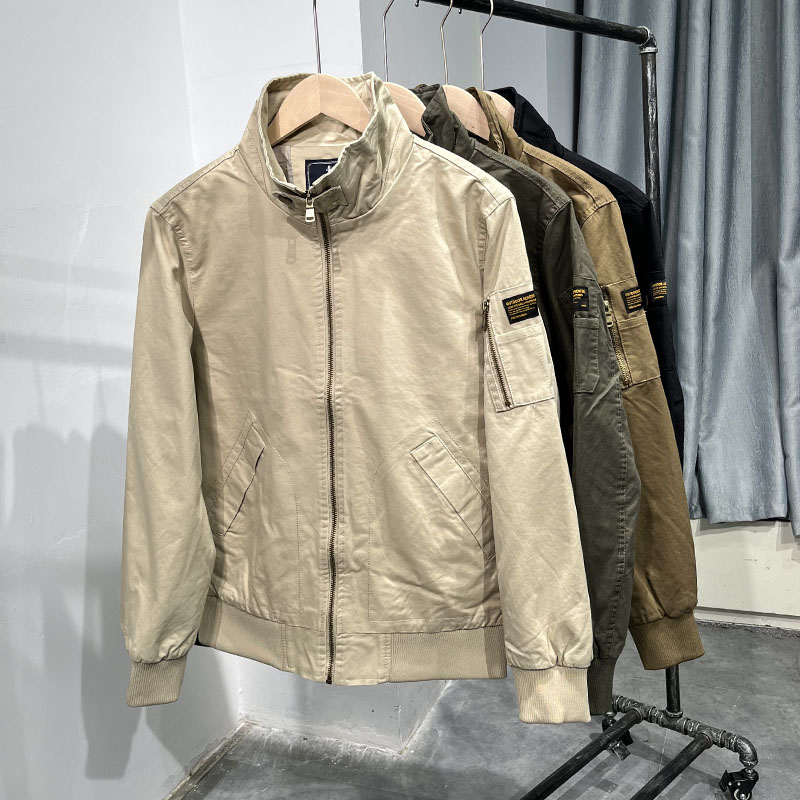 美式复古硬朗休闲秋季男士外贸纯棉纯色工装军旅风飞行夹克外套潮