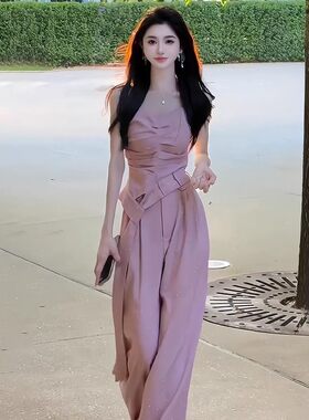夏季新款时尚辣妹吊带气质高腰阔腿裤两件套超仙粉色设计感套装女