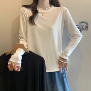 新款 女春季 薄款 内搭大码 蕾丝拼接长袖 宽松软糯遮肉显瘦小衫 打底衫