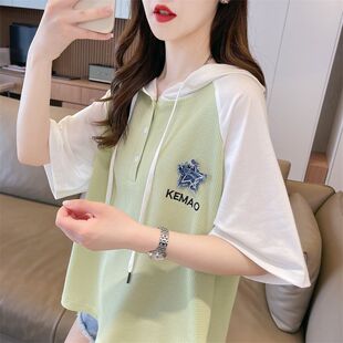 连帽短袖t恤女夏季韩版宽松撞色插肩袖初中高中学生华夫格上衣潮