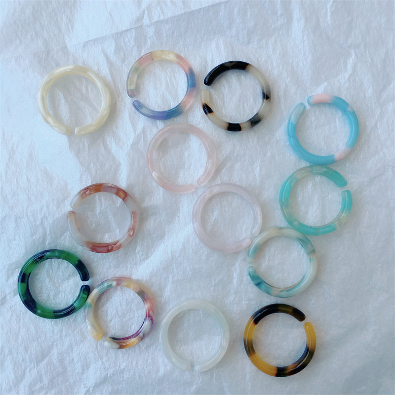 新款醋酸彩色细圈戒指少女时尚不可调节不掉色玳瑁花色指环食指戒