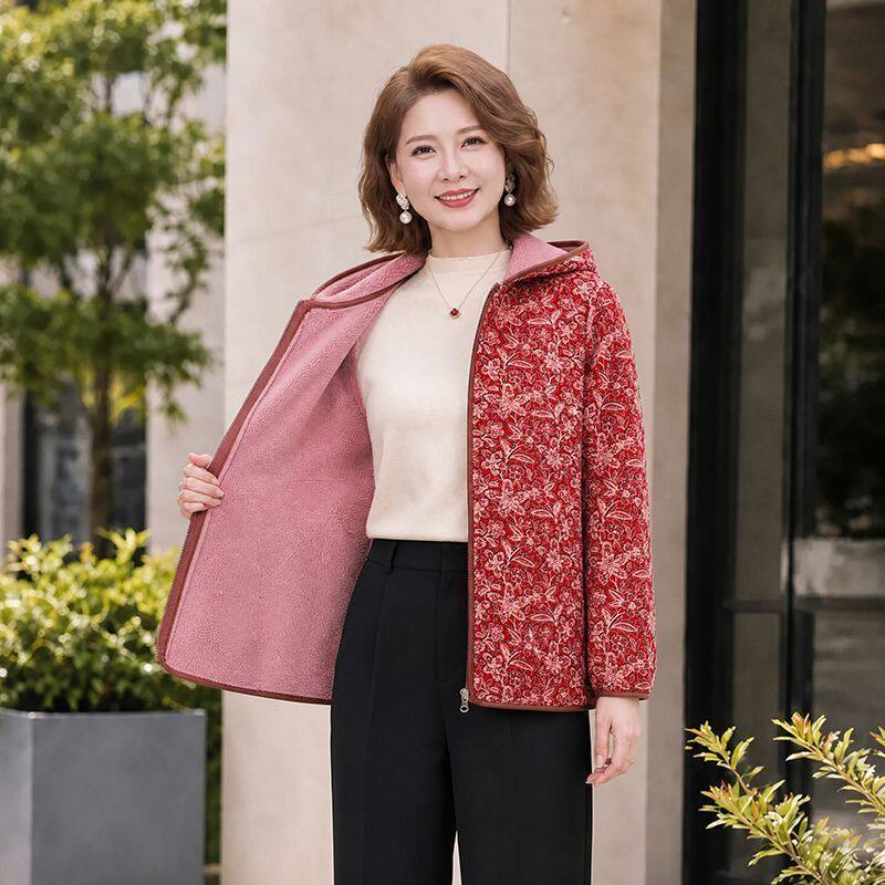 春季新款印花连帽外套中老年妈妈装舒适显瘦时尚休闲上衣