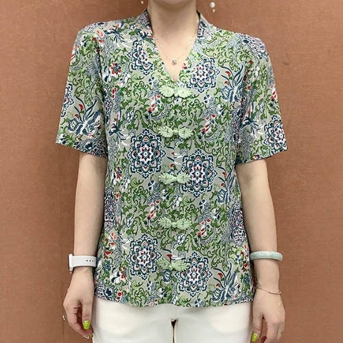 夏季新款时尚V领盘扣印花短袖T恤小衫女减龄显瘦小衫中老年妈妈装