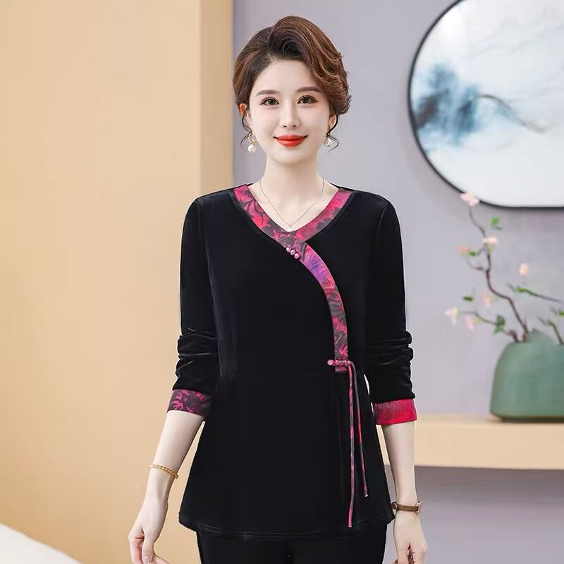 国风妈妈装秋季金丝绒V领小衫中老年女复古T恤长袖春秋打底衫上衣