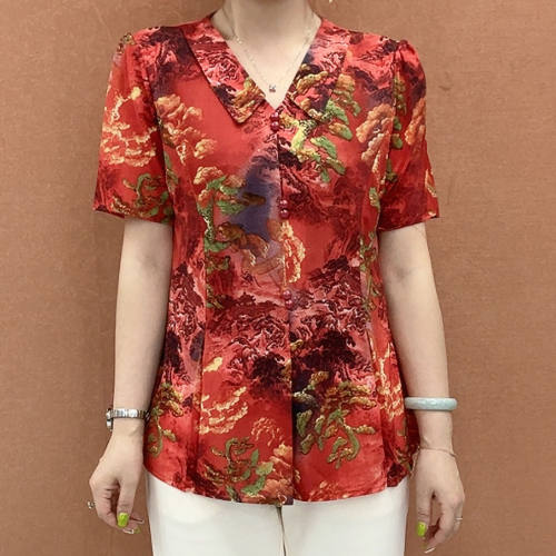 夏季新款时尚翻领山水画印花短袖T恤女减龄显瘦上衣中老年妈妈装