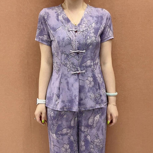 夏季新款盘扣V领短袖上衣裤子两件套女士减龄显瘦时尚套装妈妈装
