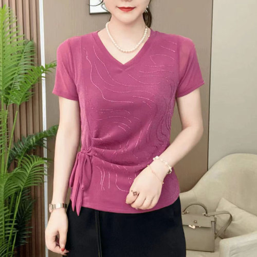 高档弹力网纱短袖T恤女夏