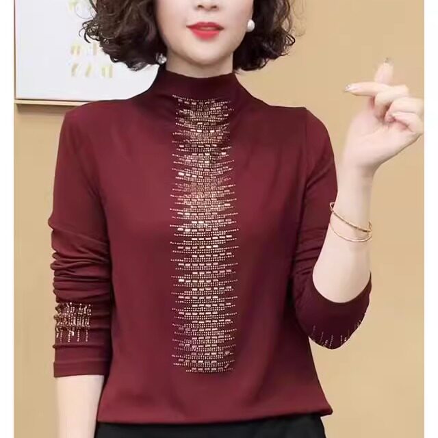 秋季新款妈妈半高领纯色打底衫烫钻长袖休闲T恤气质女士修身小衫