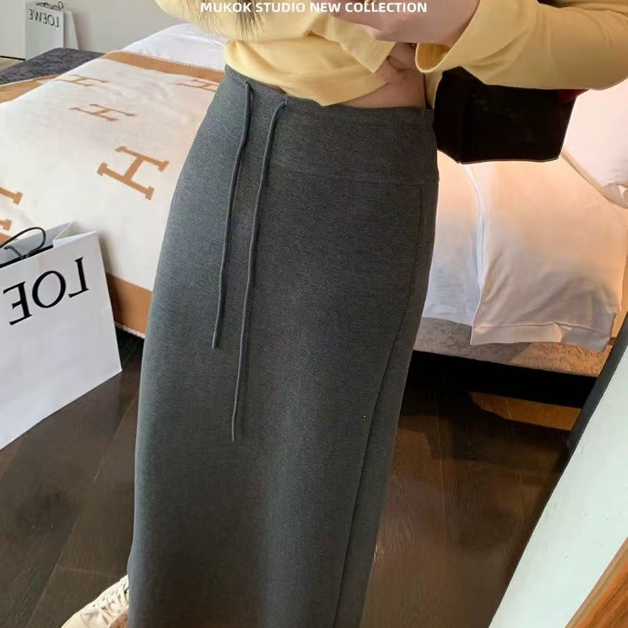 韩版简约百搭显瘦松紧腰直筒包裙高腰开叉秋冬针织裙半身裙中长款