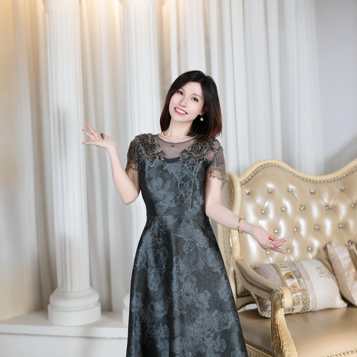 名媛风气质女绿色复古提花收腰大摆短袖礼服连衣裙