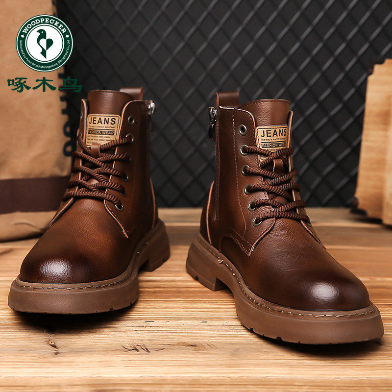 啄木鸟马丁靴男款冬季加绒高帮棉鞋男士真皮复古英伦羊毛雪地靴子,流行男鞋,马丁靴,淘宝优惠券,粉丝福利购,淘宝优惠卷