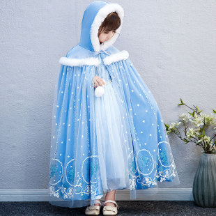 儿童披风斗篷冬季外出防风连帽 粉色蓝色冰雪奇缘艾沙 女童超长款