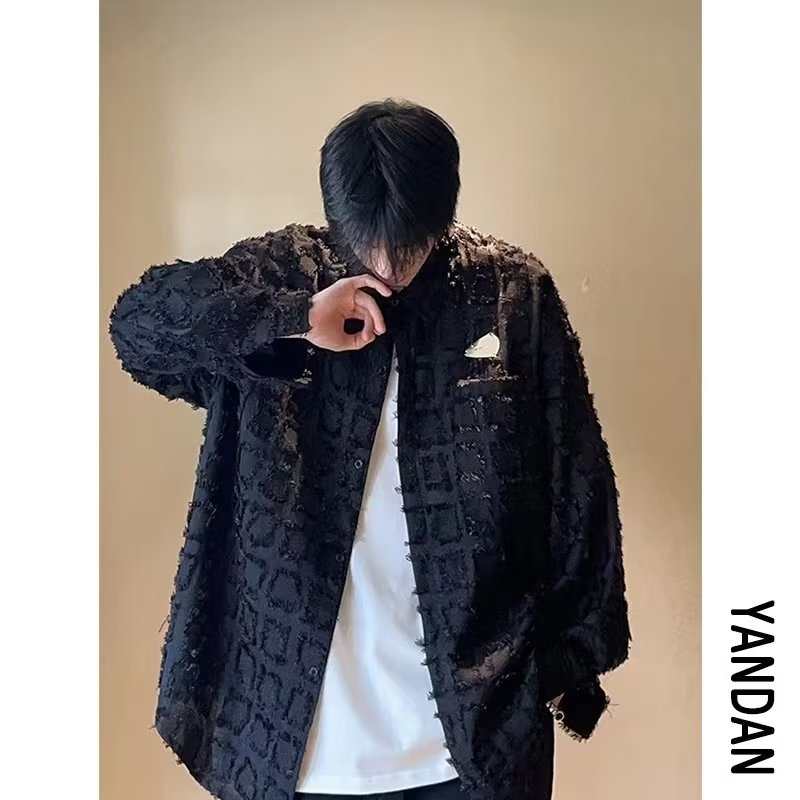 流苏格子长袖衬衫男磨毛设计感格纹翻领外套春秋潮牌痞帅衬衣常规