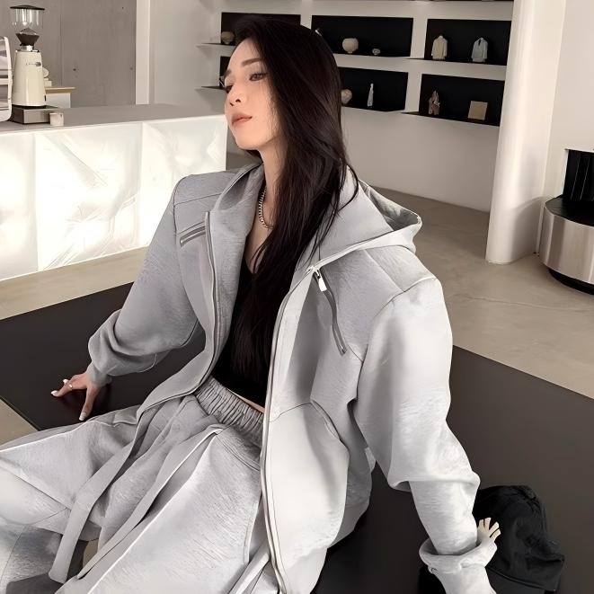 浅灰色cleanfit短款垫肩开衫卫衣男女高级感连帽衫美式廓形外套