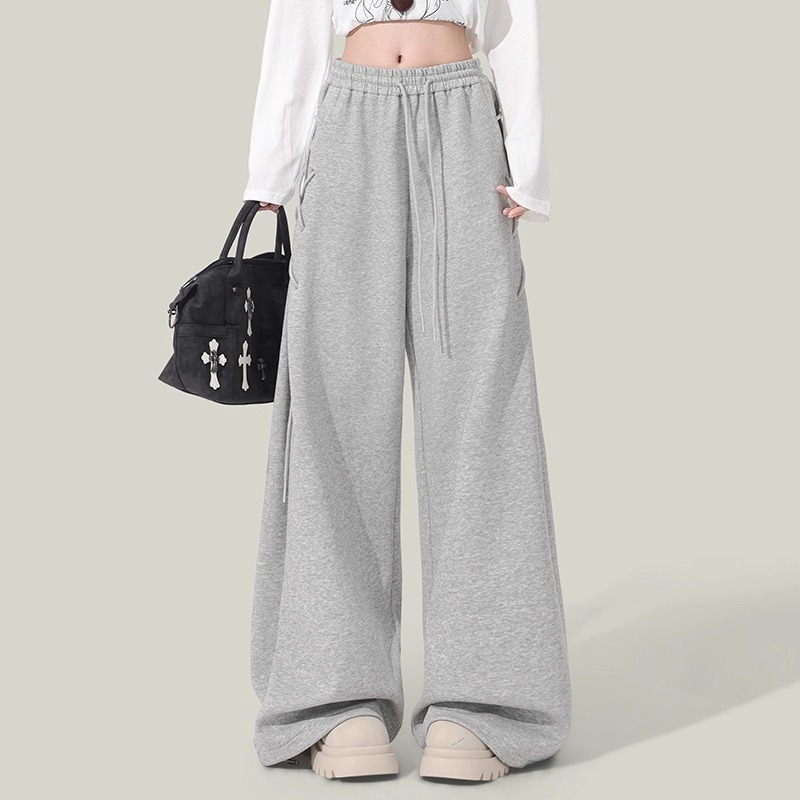 2025秋季流行美式灰色百搭阔腿裤女设计感辣妹宽松运动休闲卫裤子