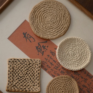 钟声刺子绣养壶垫杯垫手工编织绵柔吸水复古隔热置物垫纯棉茶染