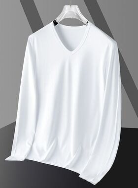 2025夏季新款长袖t恤男纯色白色薄款内搭打底衫V领秋季小衫秋衣服