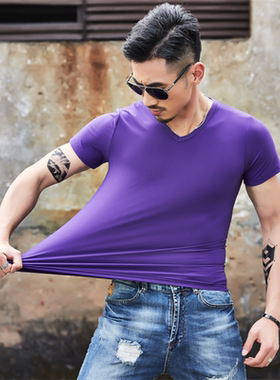 男士t恤短袖夏季男装纯色V领半袖紫色衣服大工服定制logo