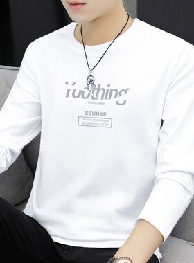 印花长袖t恤男装秋季潮牌潮流白色宽松上衣服体恤内搭打底衫薄款