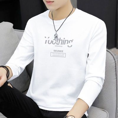 印花长袖t恤男装秋季潮牌潮流白色宽松上衣服体恤内搭打底衫薄款