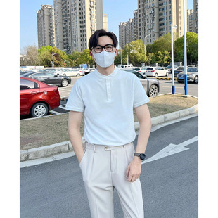 T恤男夏季 新中式 轻熟风白色亨利领短袖 薄款 立领休闲Polo衫 半截袖