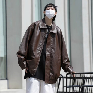 春秋季新款皮纯色嘻哈外套上衣美式复古机车风皮夹克男女帅气上衣