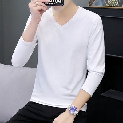 男士长袖T恤鸡心领百搭内衣服大码长轴秋衫纯色秋衣外穿V领打底衫