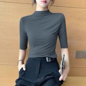 半高领打底衫 中袖 女春季 七分袖 内搭薄款 弹力大码 t恤洋气修身 上衣