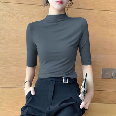 七分袖半高领打底衫女春季内搭薄款弹力大码中袖t恤洋气修身上衣