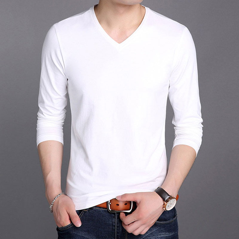 秋季长袖T恤男V领韩版修
