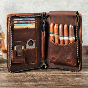 真皮雪茄盒便携保湿烟盒男士专用随身携带包粗烟收纳一体火机盒