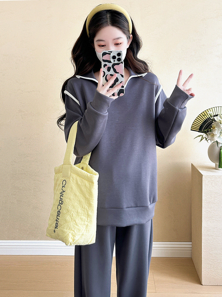 출산 착용 가을 2024 새로운 정장 옷깃 캐주얼 루즈한 투피스 양복 초가을 착용 작은 여성을 위한 가을 옷