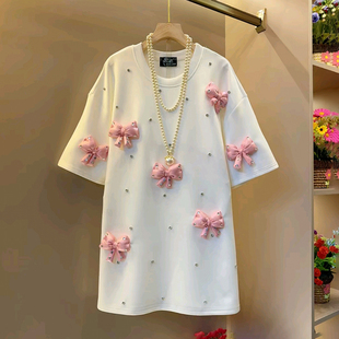 胖妹妹大码女装春季2026新款甜美减龄欧韩烫钻蝴蝶结设计T恤上衣