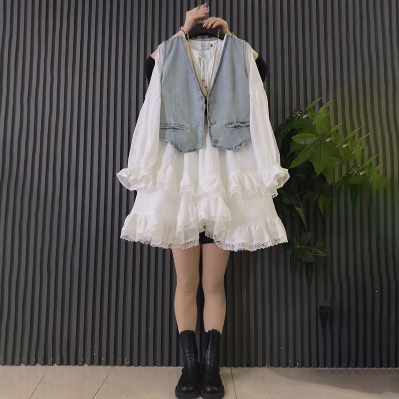 法式甜美飞飞边连衣裙牛仔马甲套装新款胖妹妹大码女装气质两件套