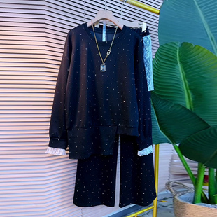 胖mm显瘦烫钻不规则卫衣大码女装蕾丝拼接阔腿裤2026春季新款套装