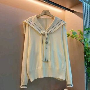 新款 减龄海军领针织短款 大码 胖妹妹法式 气质显瘦百搭上衣 女装 冬季