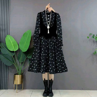 2026春季新款大码女装韩版丝绒拼接雪纺连衣裙胖mm甜美碎花长裙女