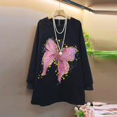 新款 胖mm长袖 圆领重工烫钻蝴蝶时尚 秋季 高级感加绒上衣大码 女装 衫