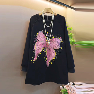 高级感加绒上衣大码 圆领重工烫钻蝴蝶时尚 女装 胖mm长袖 秋季 衫 新款
