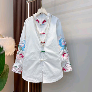 女装 大码 胖mm复古洋气上衣 欧洲站气质国风龙凤重工艺刺绣衬衫 爆款