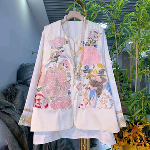 国风刺绣牡丹设计马甲搭配醋酸衫 胖MM新中式 时尚 大码 冬季 女装 新款
