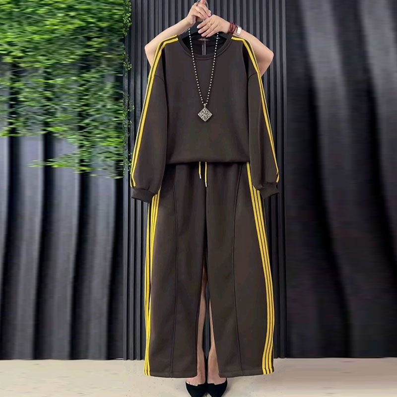 运动风加绒彩条卫衣卫裤两件套