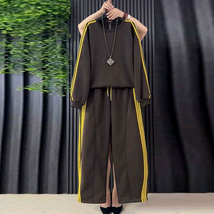 休闲运动风加绒彩条卫衣卫裤 减龄套装 韩版 女装 两件套女 胖妹妹大码