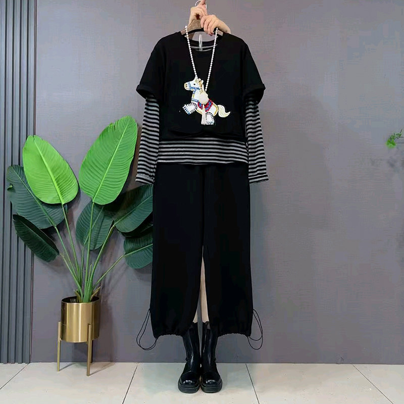 胖mm显瘦卡通小马卫衣简约大码女装拼接条纹小衫春季新款裤子套装,女装/女士精品,大码套装,淘宝优惠券,粉丝福利购,淘宝优惠卷