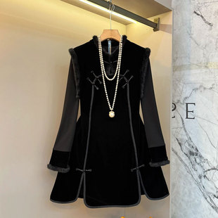 拼接打底衫 女装 开叉毛毛边马甲裙两件套 复古旗袍裙胖妹妹大码 中式