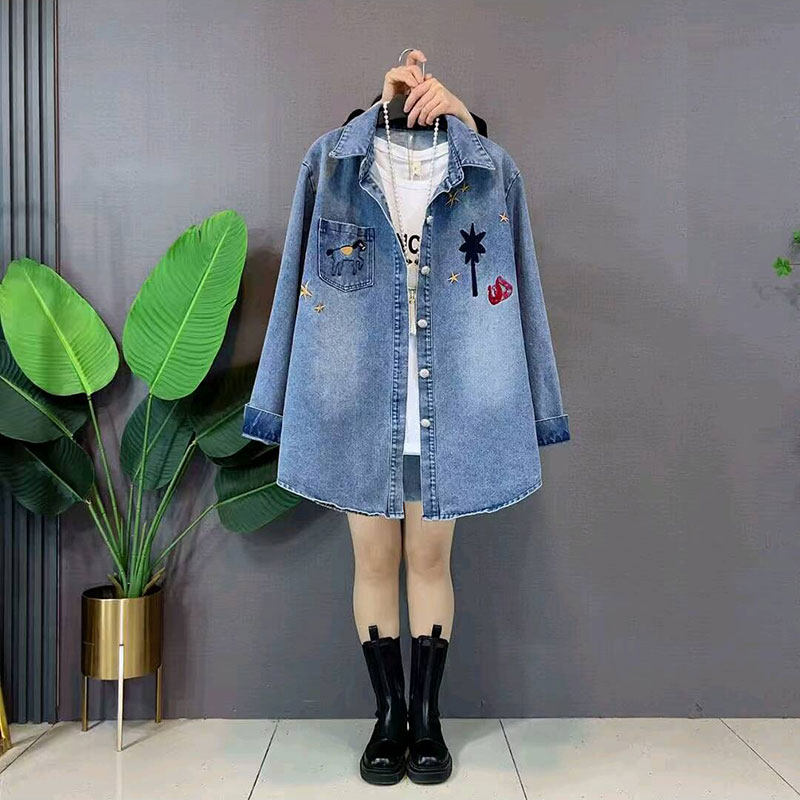 2026春季新款欧货复古刺绣牛仔衬衫大码女装胖mm宽松休闲开衫上衣,女装/女士精品,大码内搭,淘宝优惠券,粉丝福利购,淘宝优惠卷