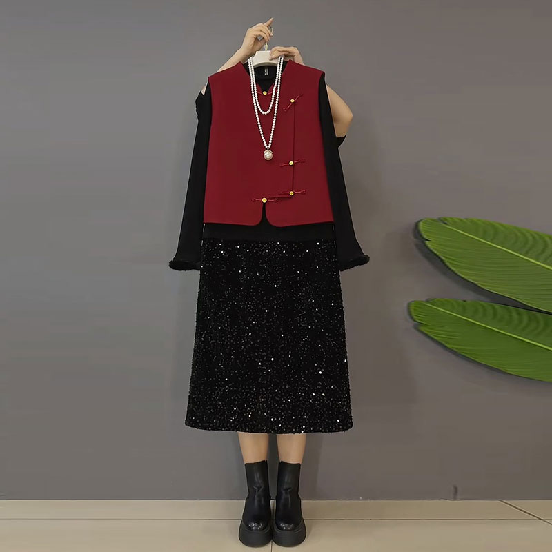 新中式马甲打底衫半身裙三件套