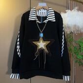条纹假两件拼接卫衣新款 韩版 polo领上衣宽松显瘦大码 洋气时尚 衬衫